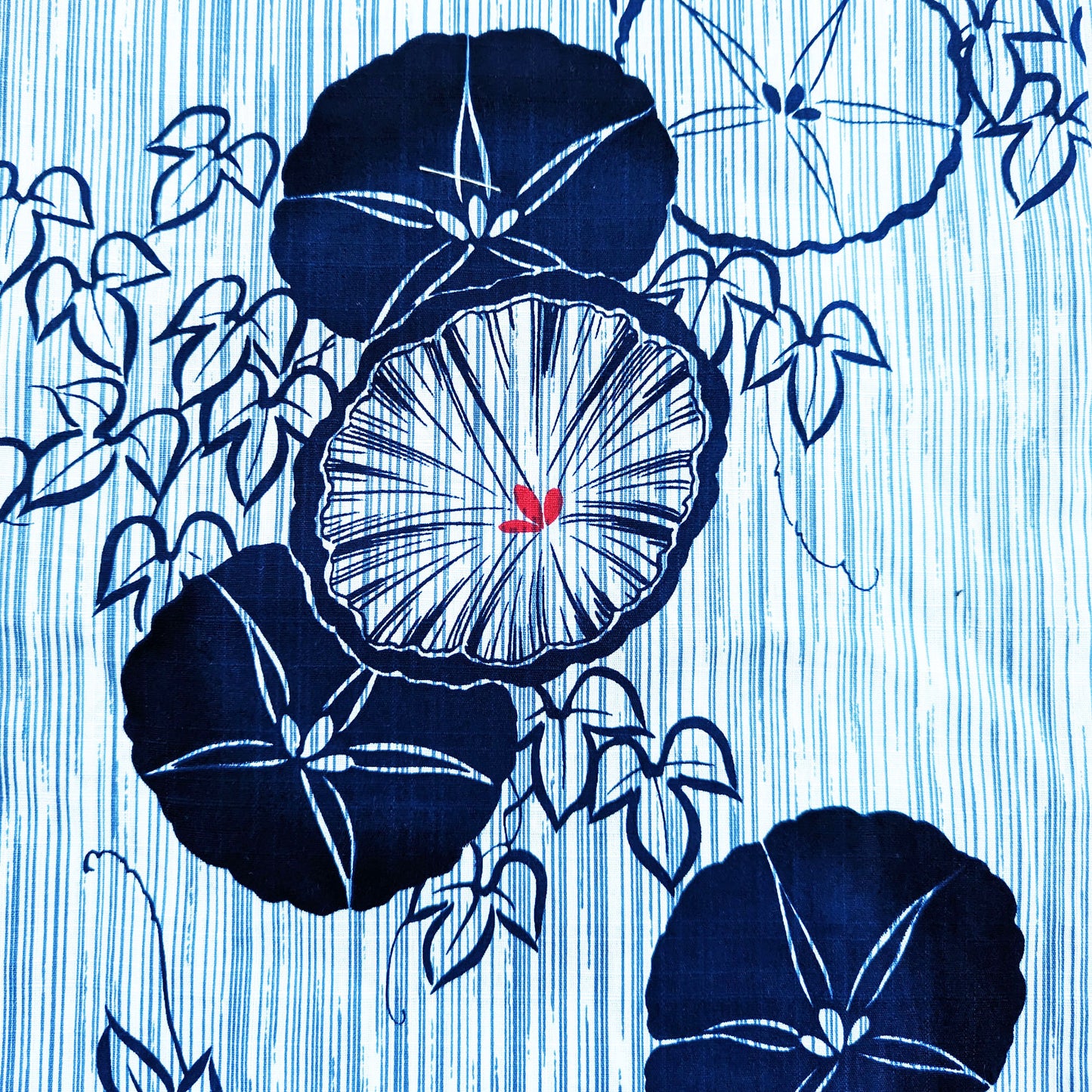 Japanese Yukata Kimono - Blue Morning Glories in Patterned Blue and White
