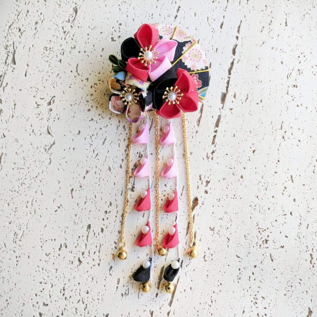 Summer Breeze Fan and Plum Blossoms Dangle Hair Piece for Kimono - Red Black