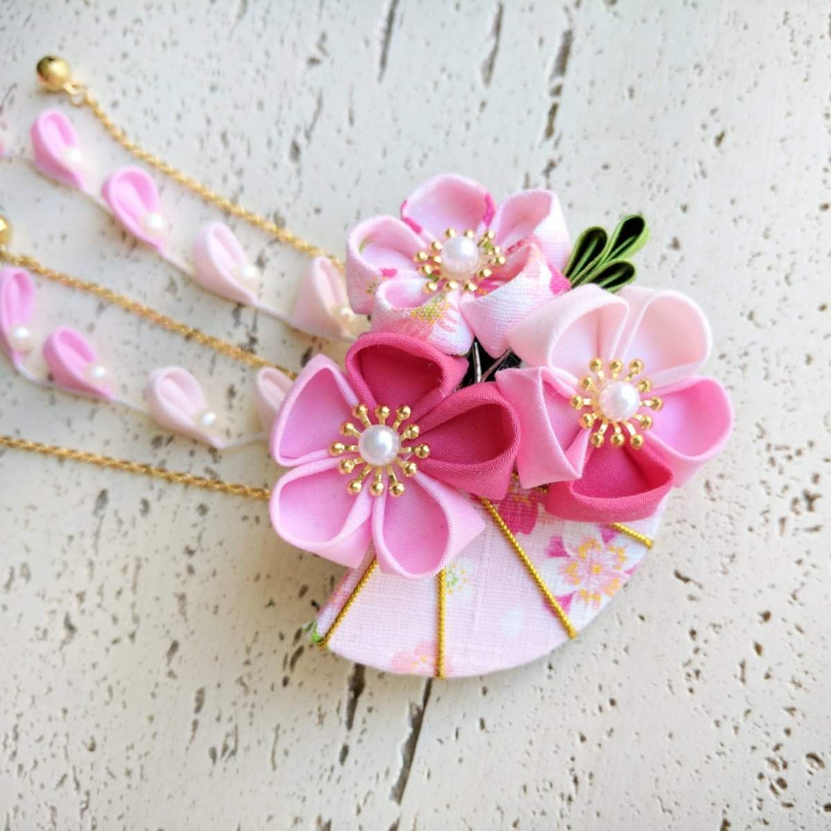 Summer Breeze Fan and Plum Blossoms Dangle Hair Piece for Kimono - Closeup