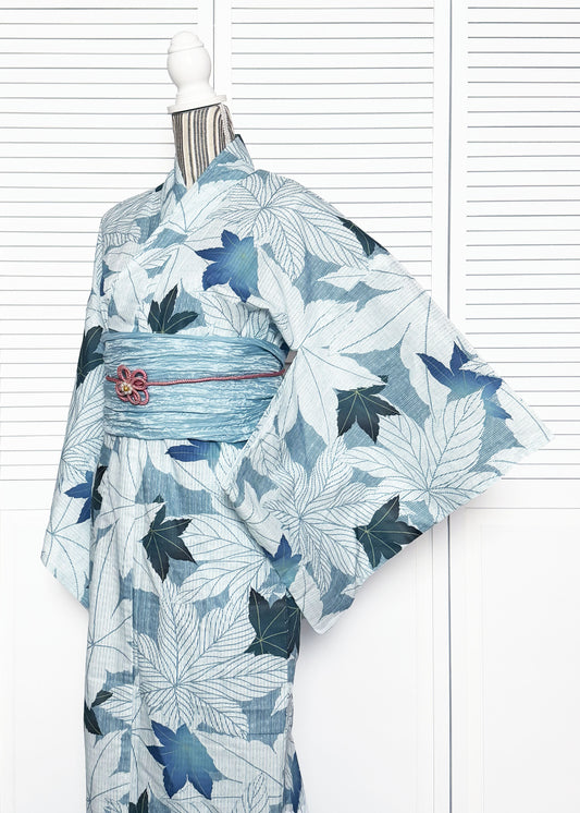 Traditional Japanese Yukata Kimono - Green Blue Leaves in Striped Blue