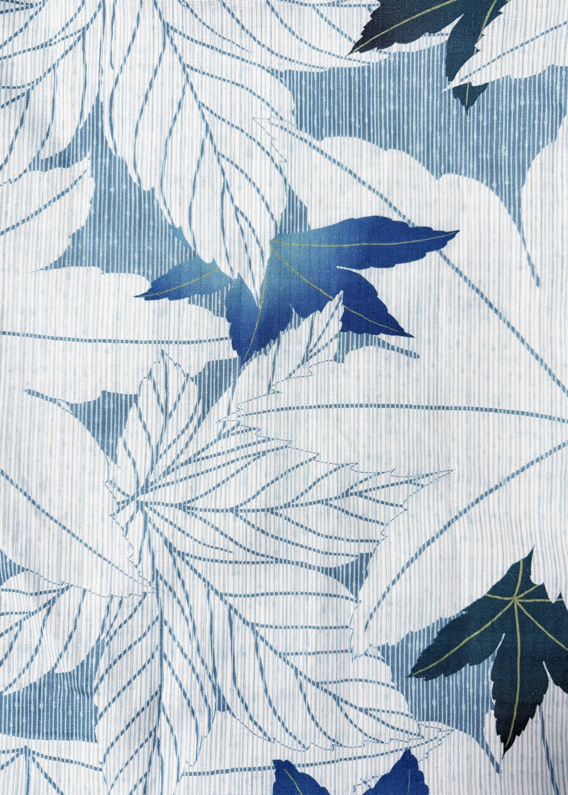 Traditional Japanese Yukata Kimono - Green Blue Leaves in Striped Blue
