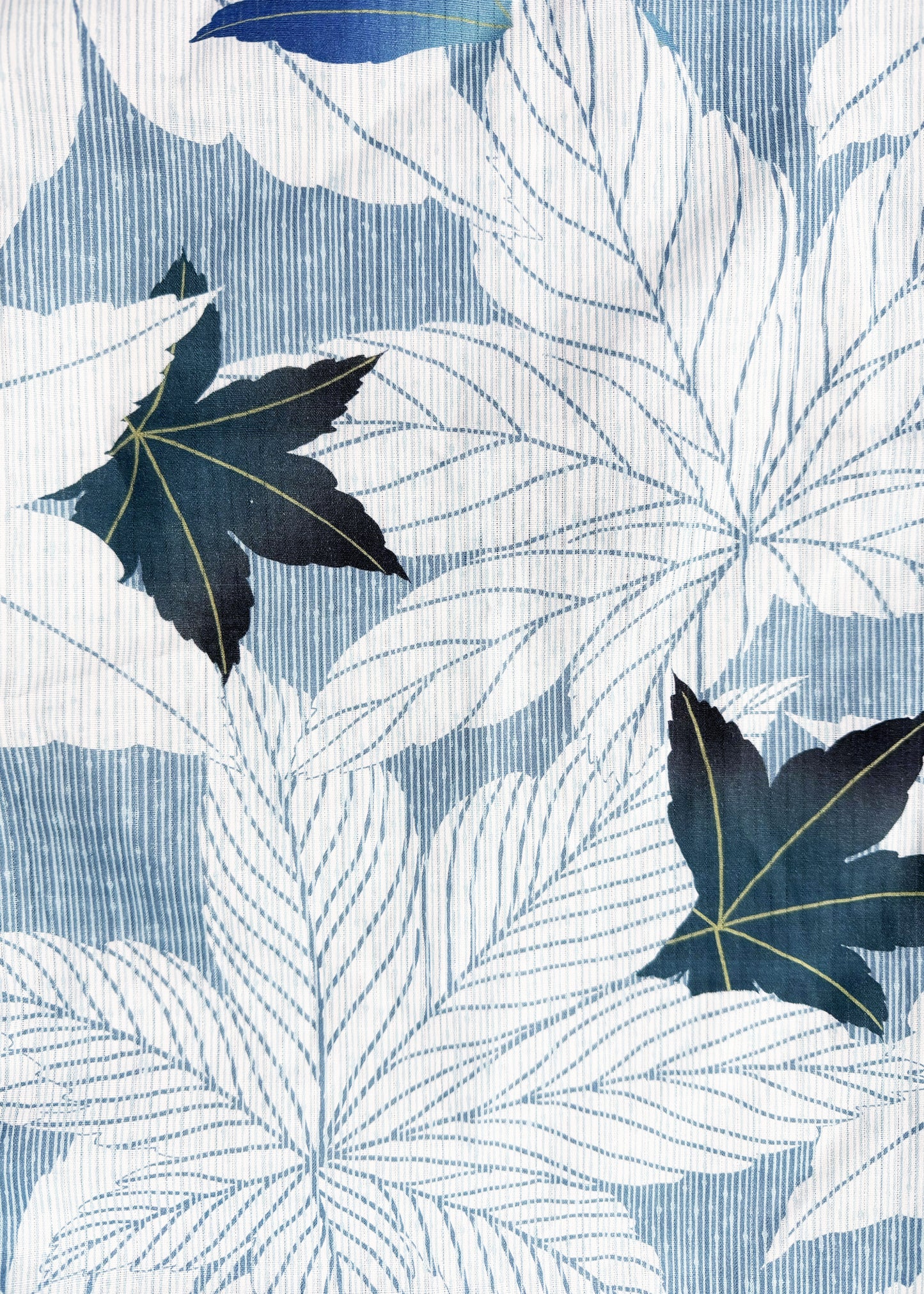 Traditional Japanese Yukata Kimono - Green Blue Leaves in Striped Blue