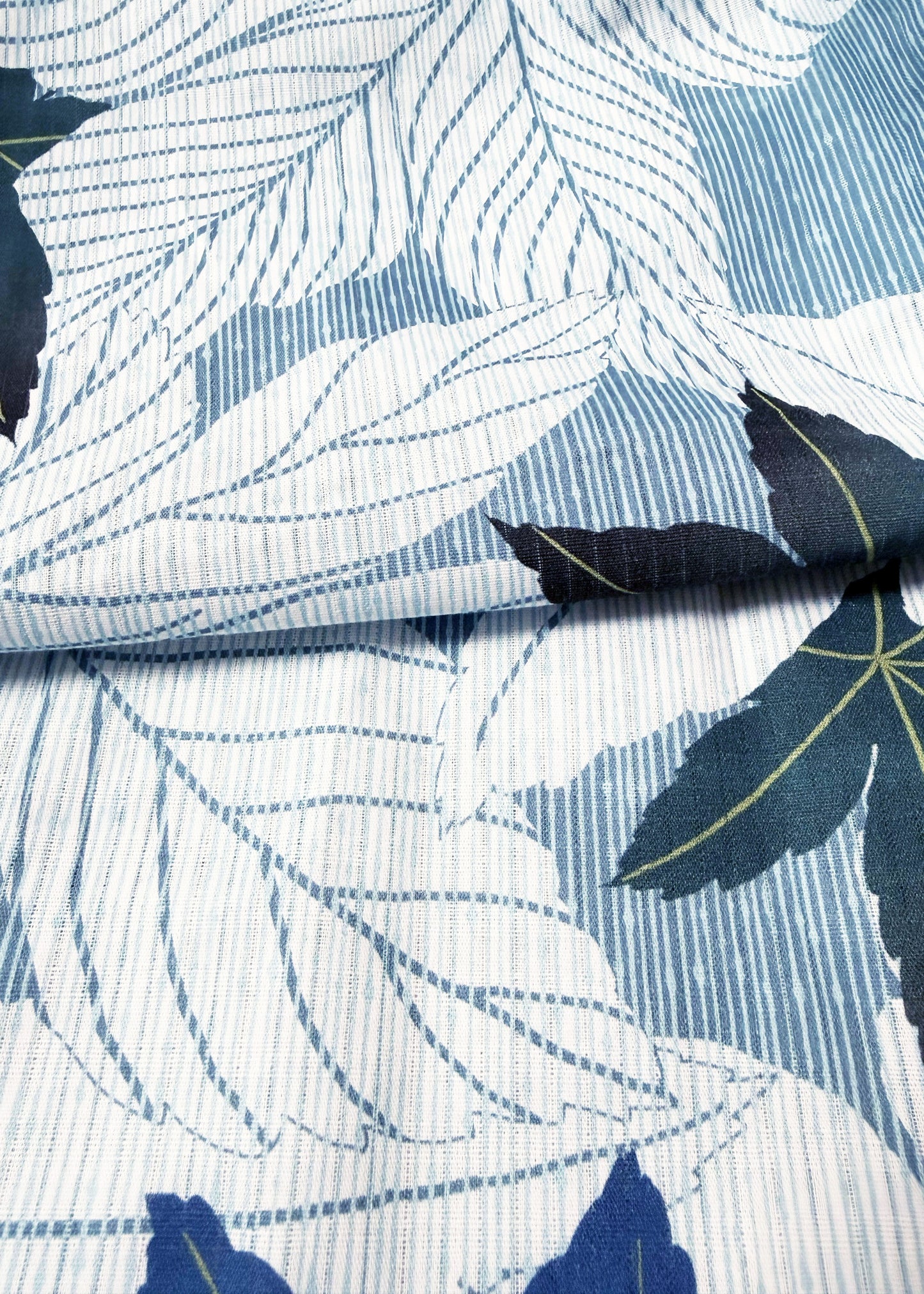 Traditional Japanese Yukata Kimono - Green Blue Leaves in Striped Blue
