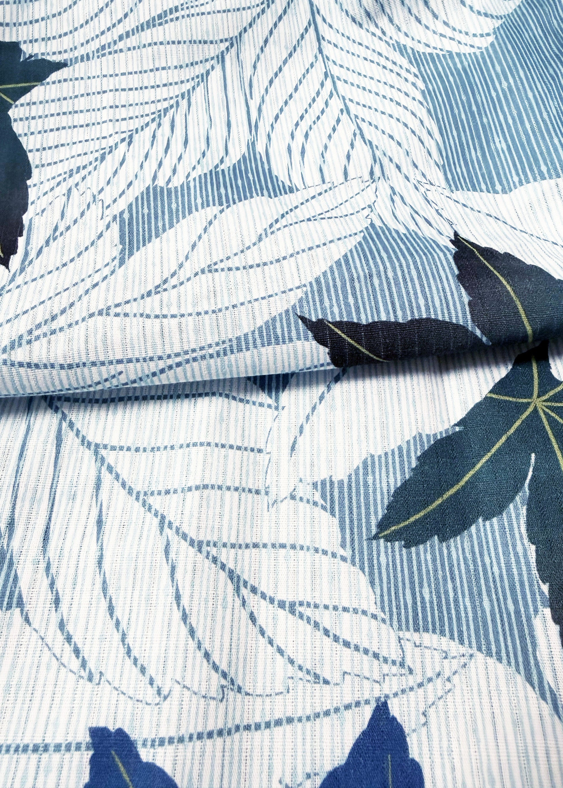 Traditional Japanese Yukata Kimono - Green Blue Leaves in Striped Blue