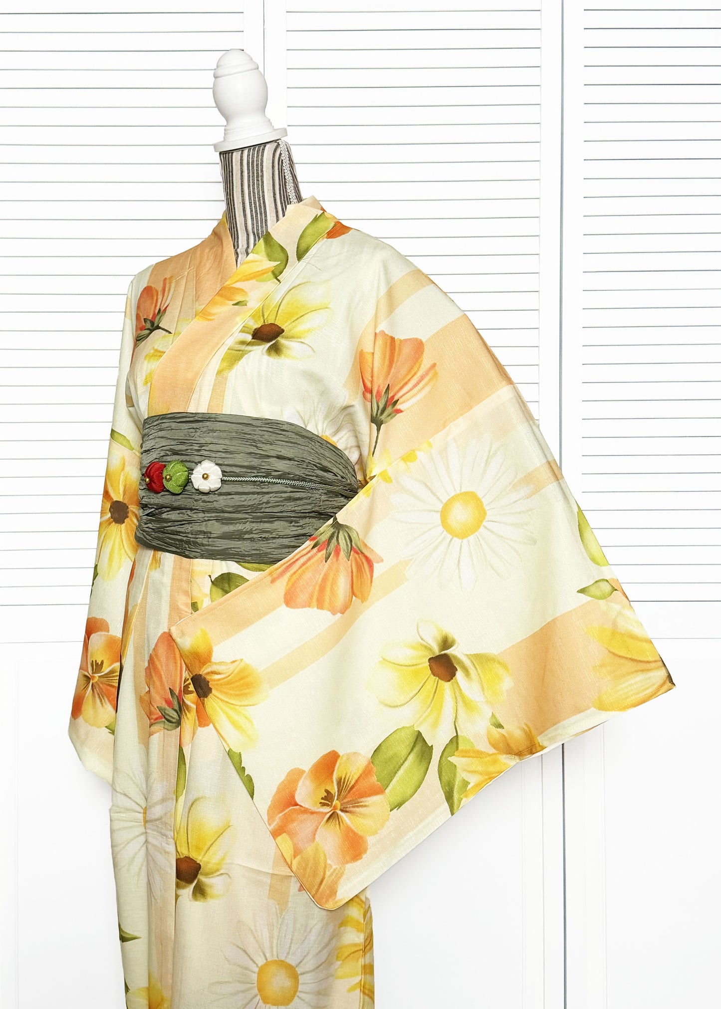 Japanese Traditional Yukata Kimono Plus - Flowers in Striped Orange