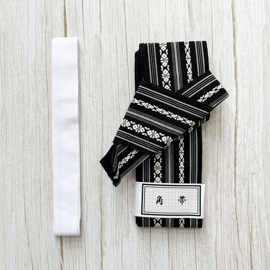 Traditional Japanese Men's Velcro Kaku Obi Belt – Patterned Black