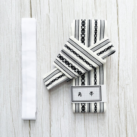 Traditional Japanese Men's Velcro Kaku Obi Belt – Patterned White