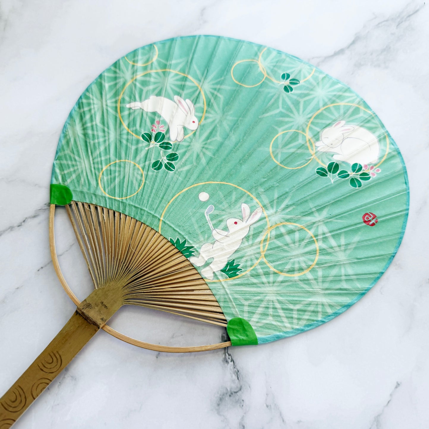 Japanese Traditional Handheld Bamboo Uchiwa Fan - Bunny in Green