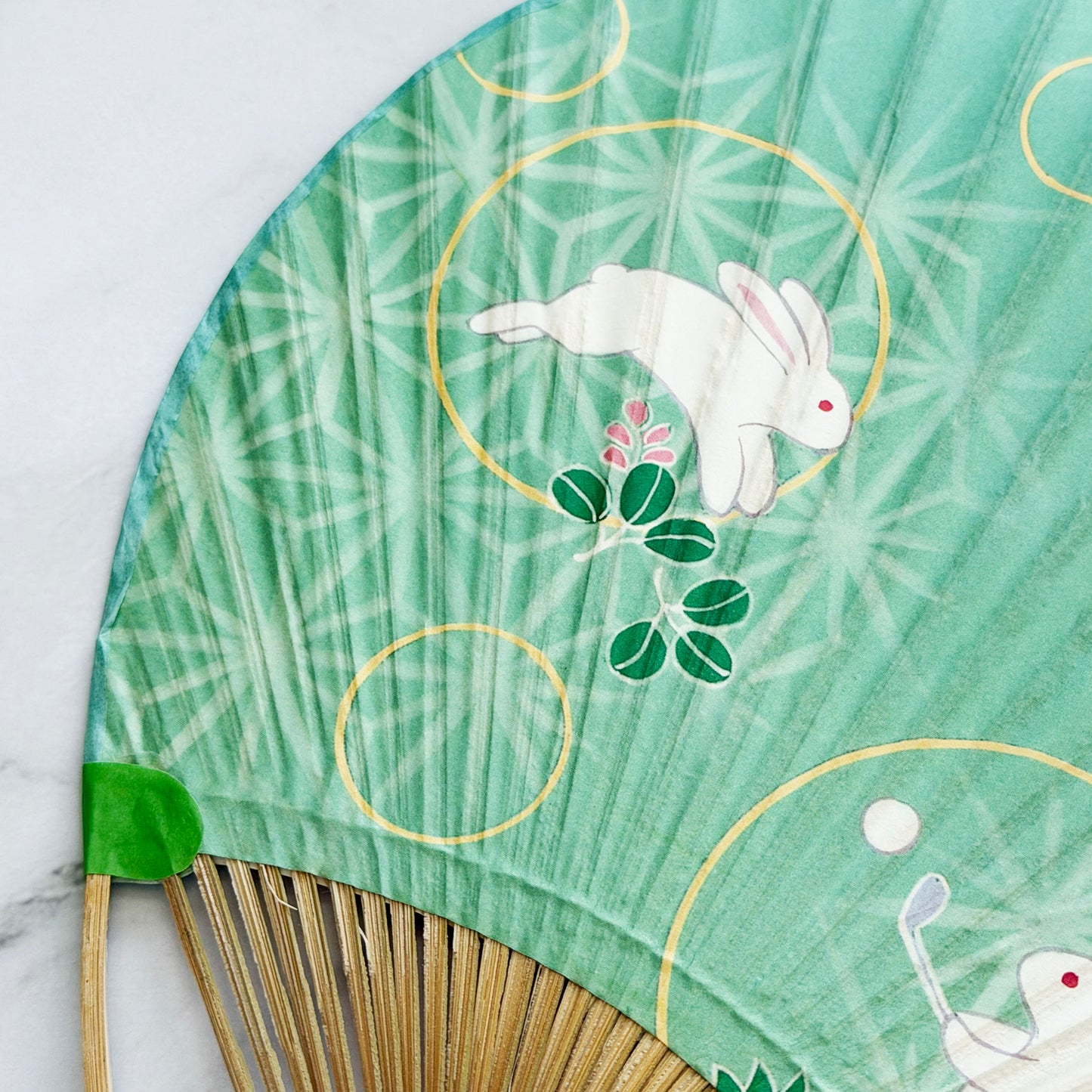 Japanese Traditional Handheld Bamboo Uchiwa Fan - Bunny in Green