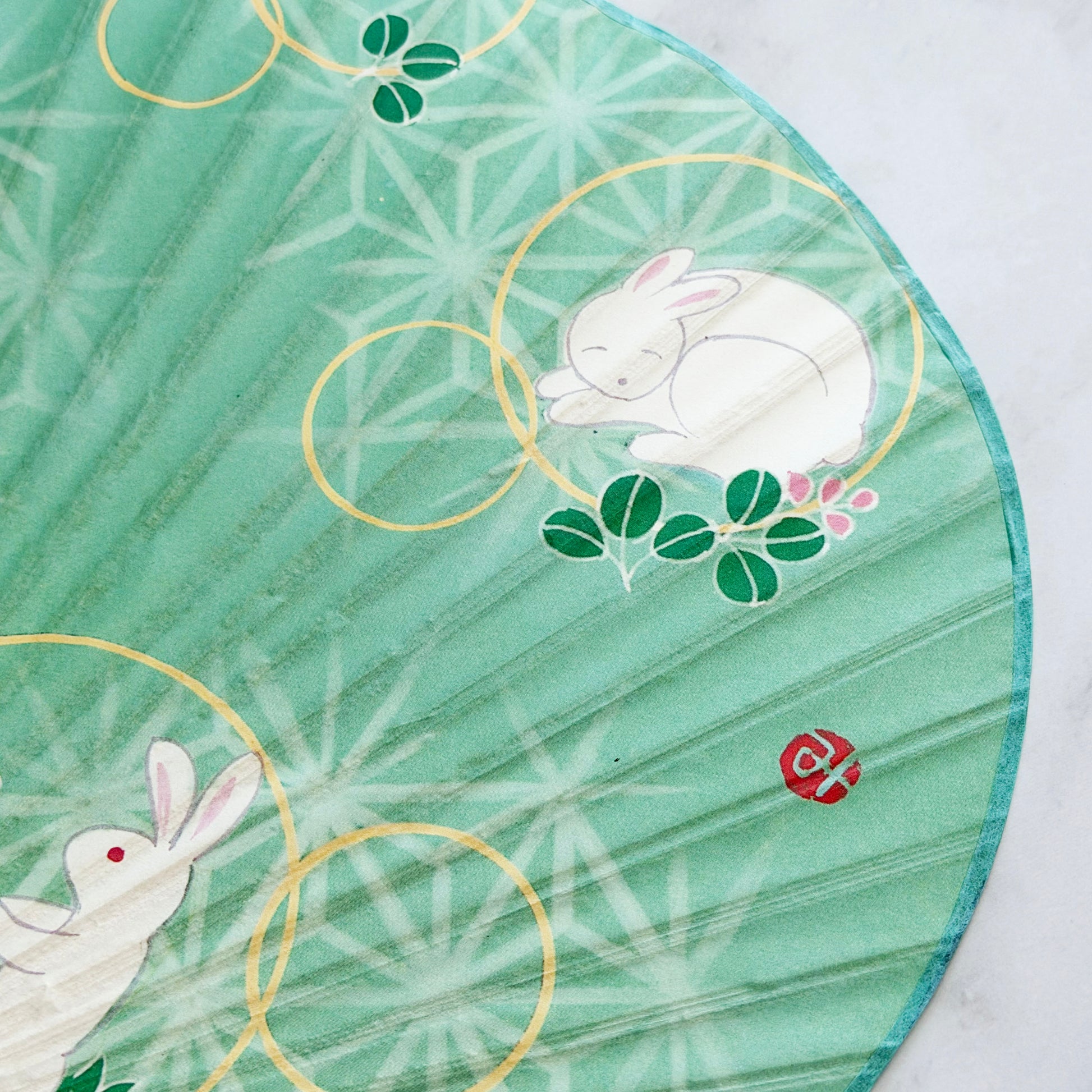 Japanese Traditional Handheld Bamboo Uchiwa Fan - Bunny in Green
