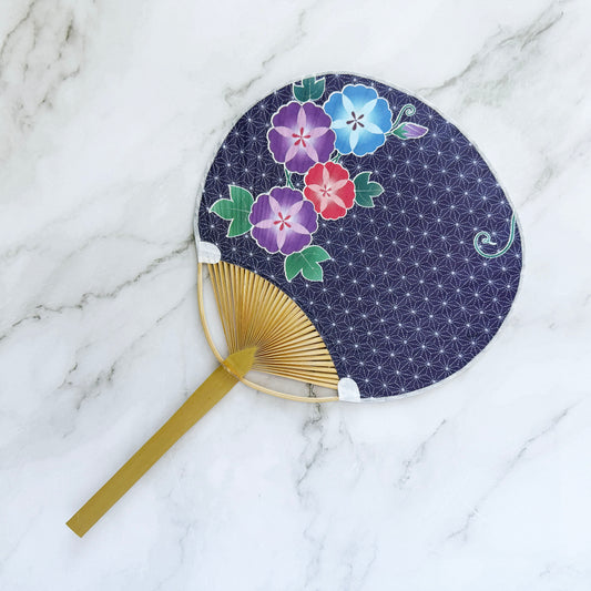 Japanese Handheld Bamboo Uchiwa Fan - Morning Glory in Indigo Blue