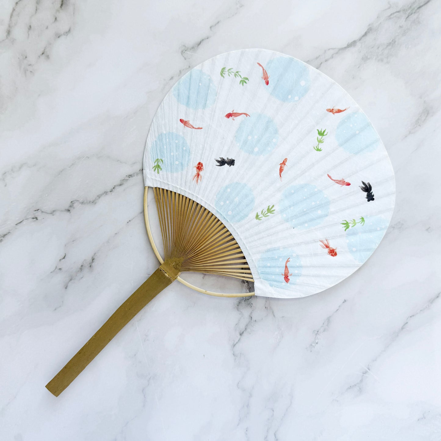 Japanese Bamboo Uchiwa Handheld Fan - Goldfish in White