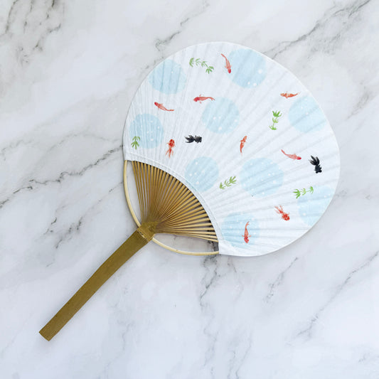 Japanese Bamboo Uchiwa Handheld Fan - Goldfish in White