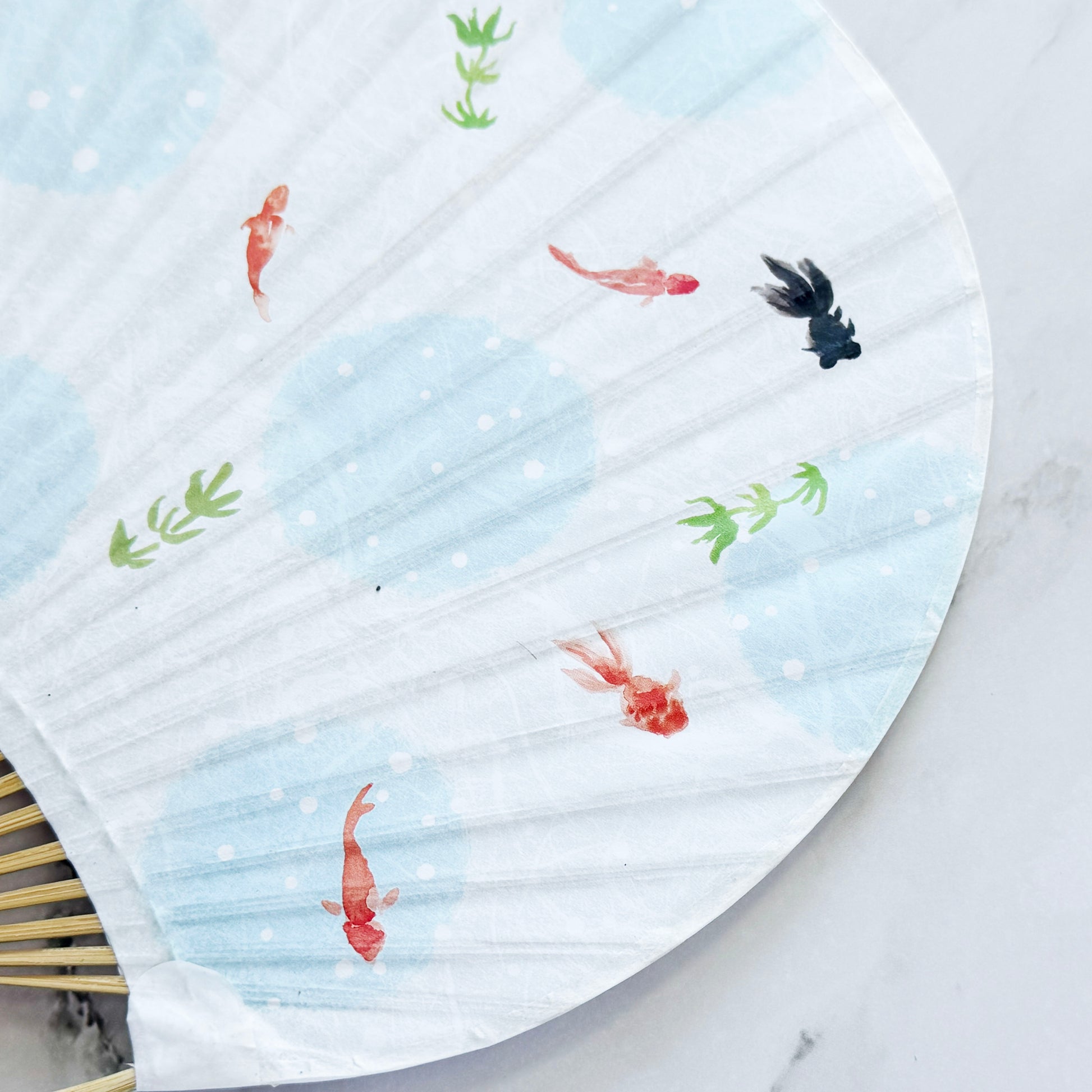Japanese Bamboo Uchiwa Handheld Fan - Goldfish in White