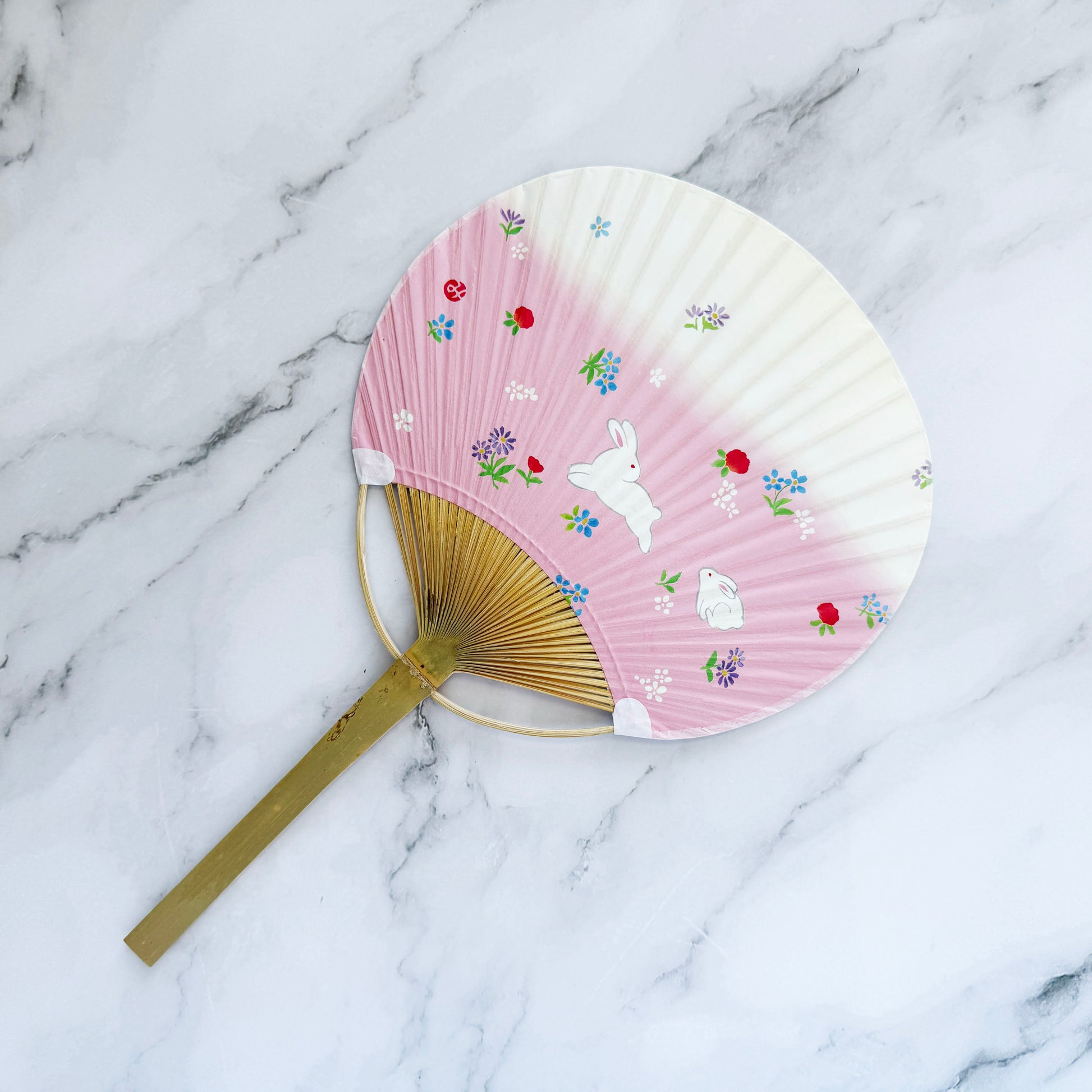 Japanese Traditional Bamboo Handheld Uchiwa Fan - Bunny in Pink