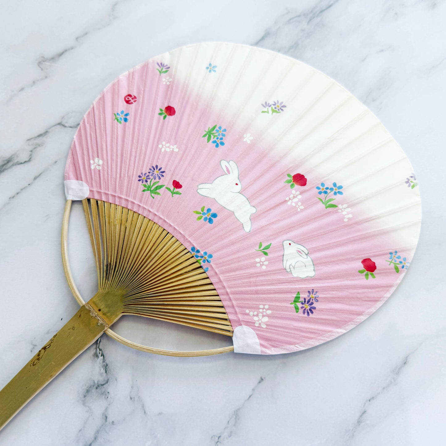 Japanese Traditional Bamboo Handheld Uchiwa Fan - Bunny in Pink