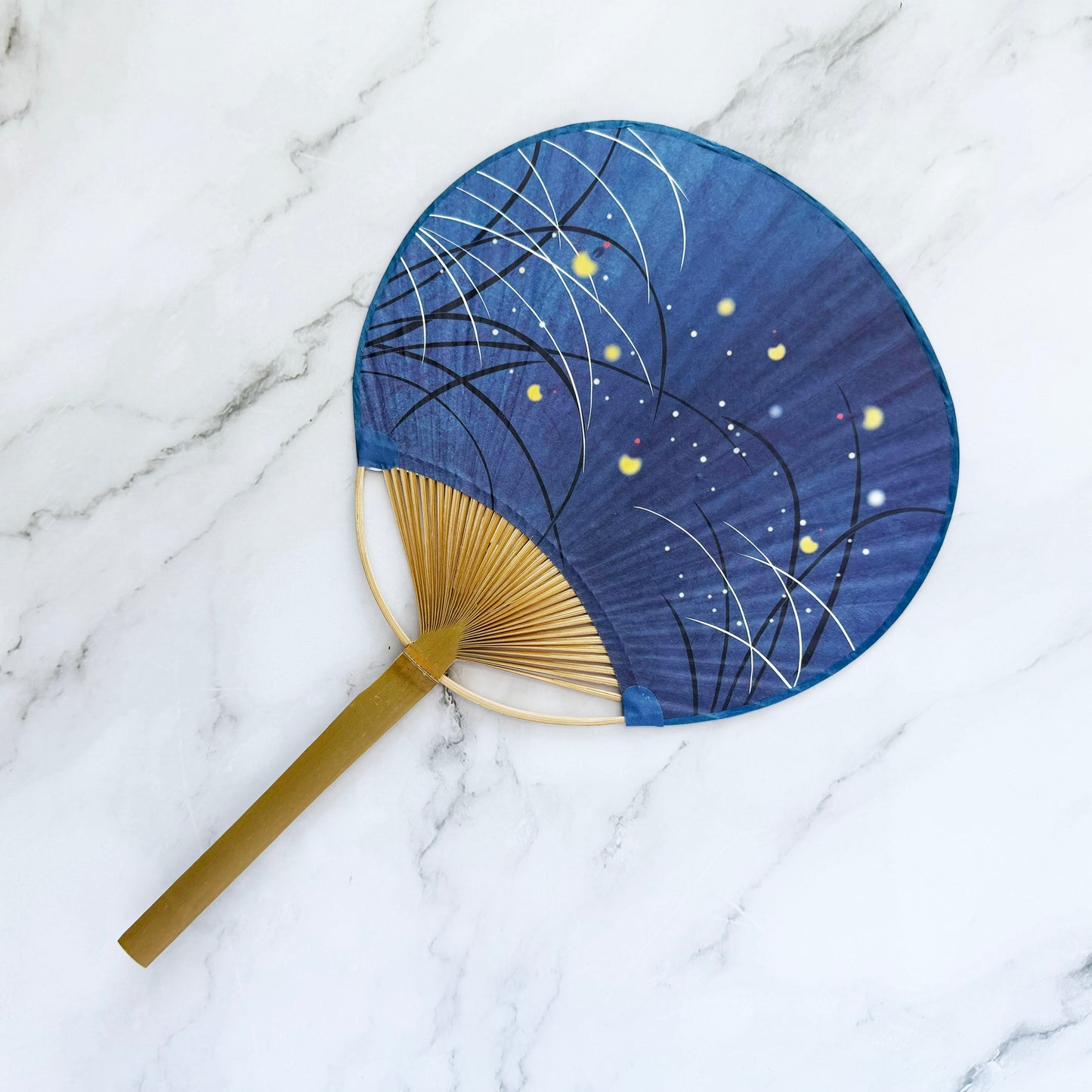 Japanese Bamboo Uchiwa Handheld Fan - Fireflies Summer in Indigo Blue