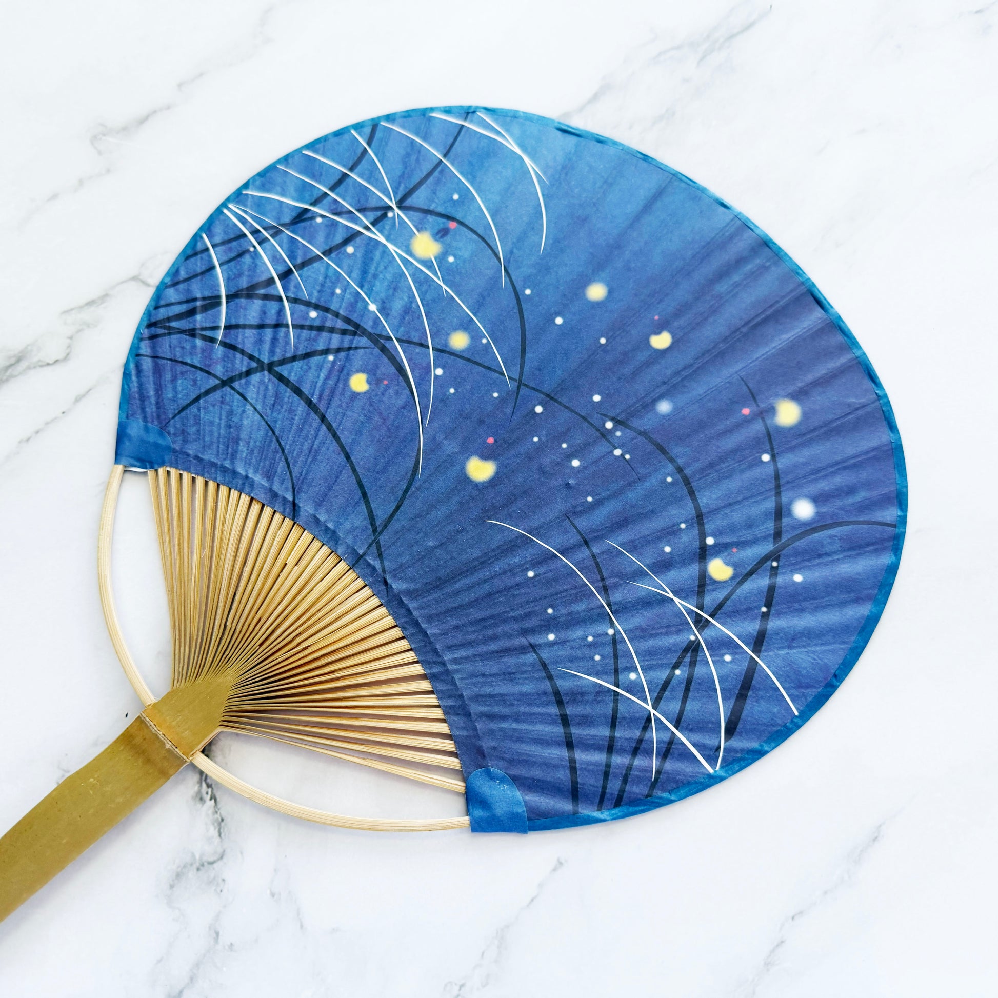 Japanese Bamboo Uchiwa Handheld Fan - Fireflies Summer in Indigo Blue