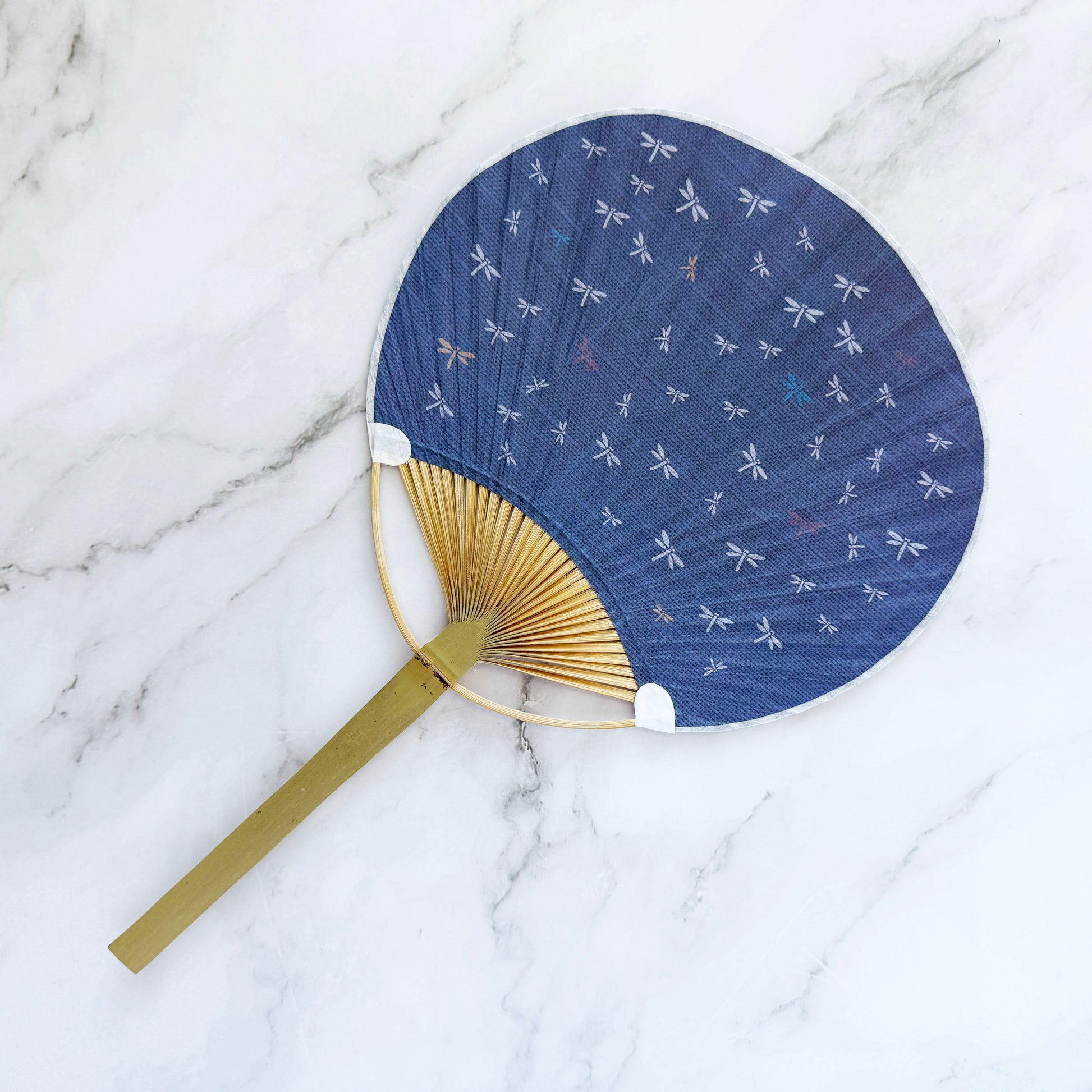 Japanese Bamboo Uchiwa Fan - Dragonflies in Indigo Blue