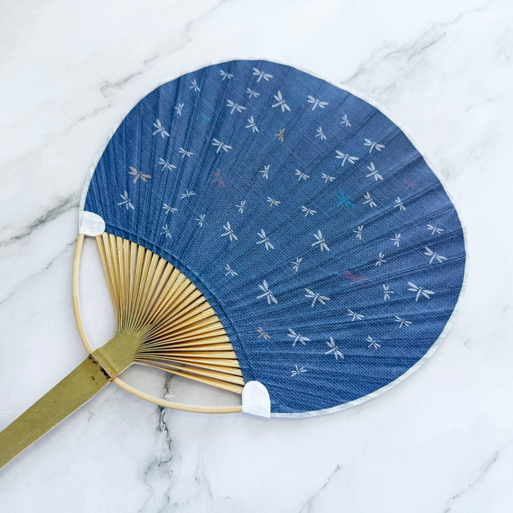 Japanese Bamboo Uchiwa Fan - Dragonflies in Indigo Blue