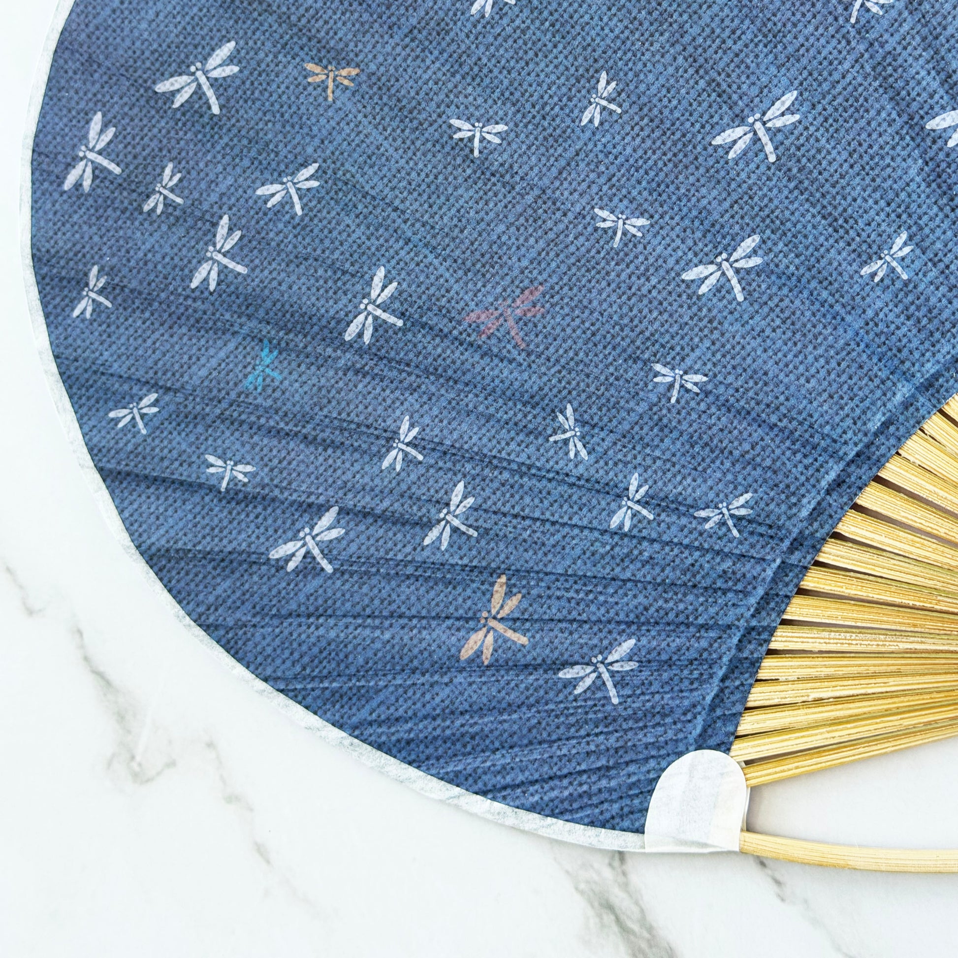Japanese Bamboo Uchiwa Fan - Dragonflies in Indigo Blue