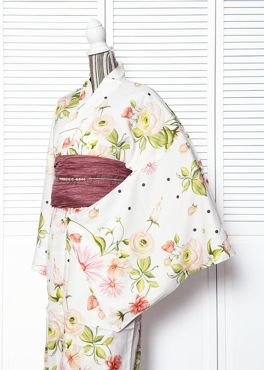Japanese Traditional Women's Yukata Plus Size - Strawberries in White