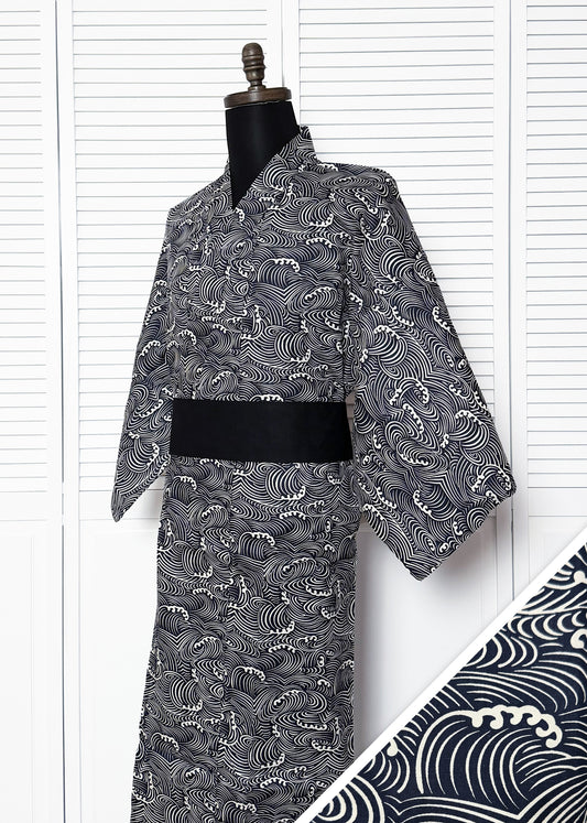 Traditional Japanese Men's Large Yukata Kimono – Waves in Indigo