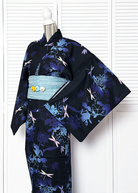 Traditional Japanese Yukata Kimono - Dragonflies and Flowers in Black
