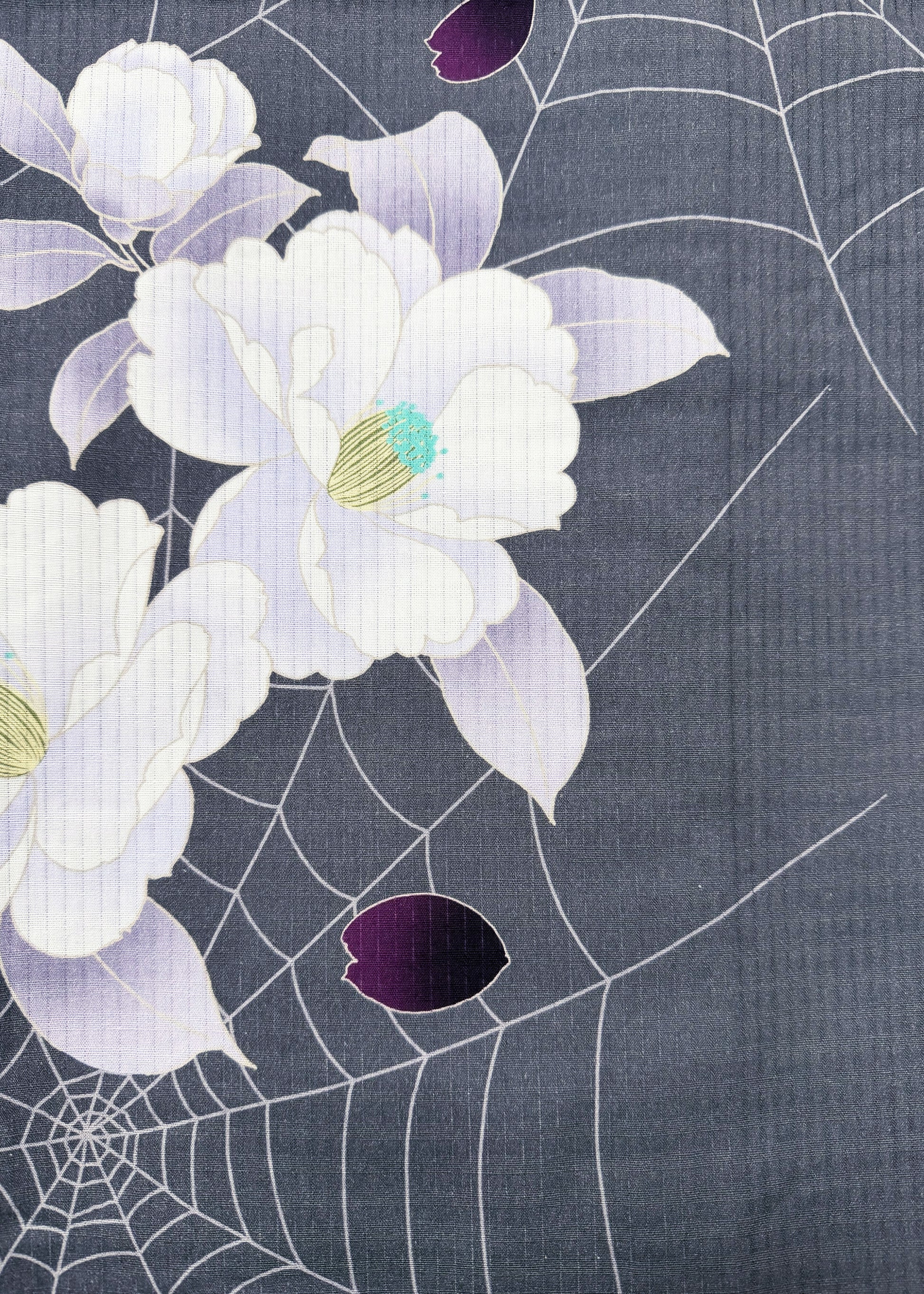 Japanese Traditional Yukata Kimono - Camellias and Spider Webs in Gray