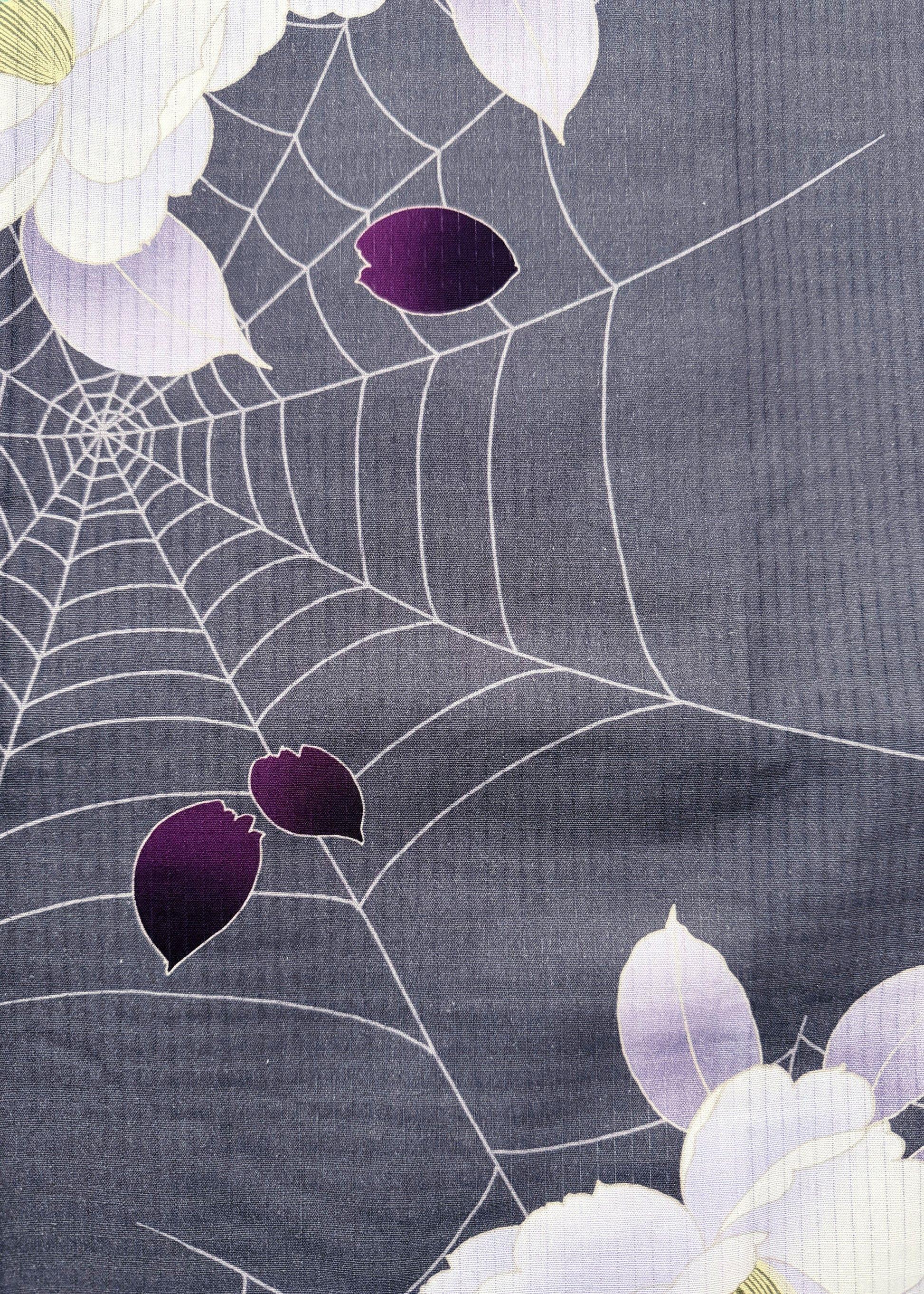 Japanese Traditional Yukata Kimono - Camellias and Spider Webs in Gray