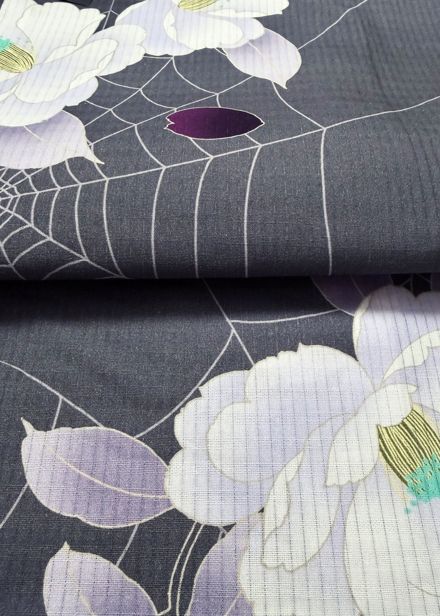 Japanese Traditional Yukata Kimono - Camellias and Spider Webs in Gray