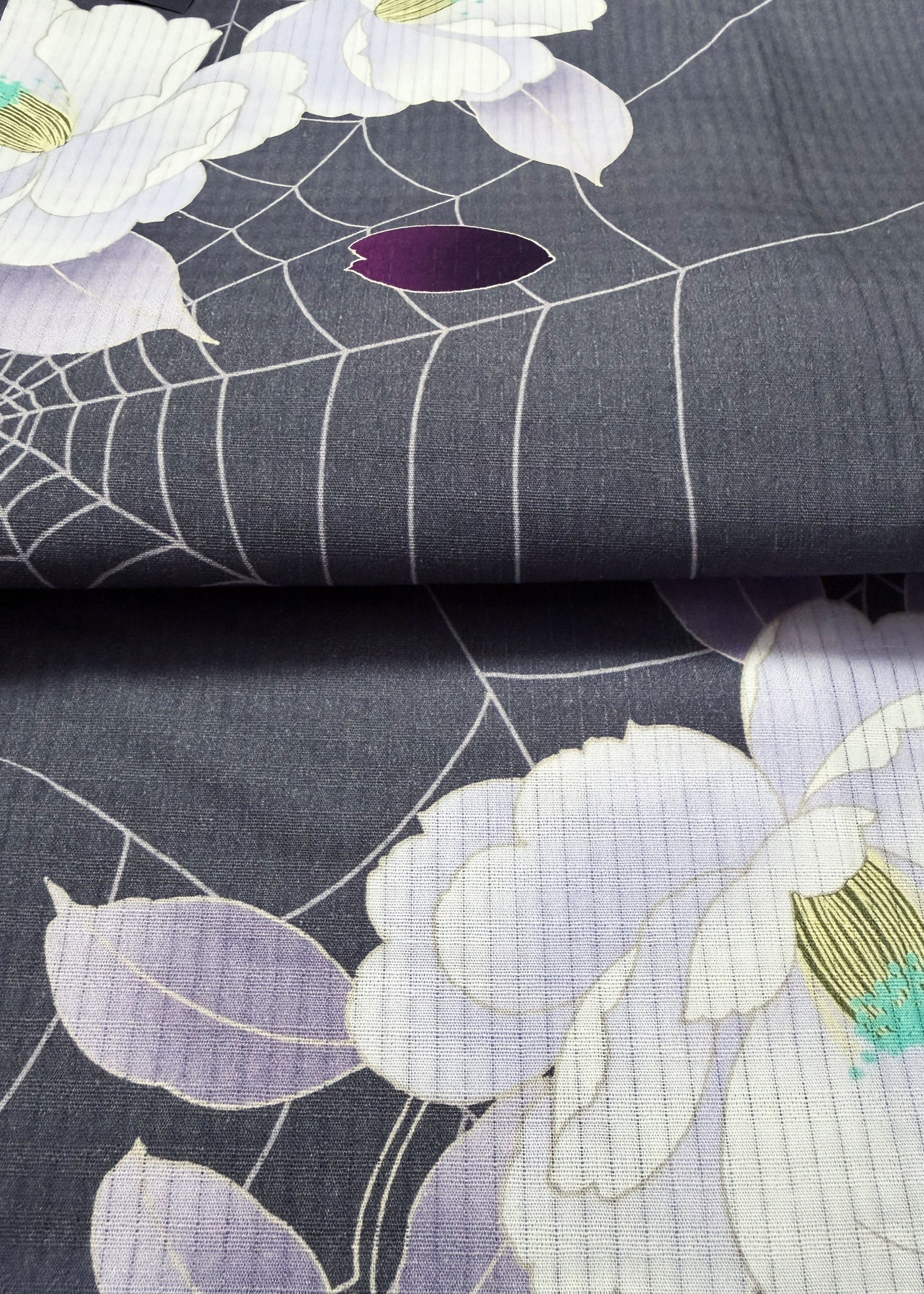Japanese Traditional Yukata Kimono - Camellias and Spider Webs in Gray