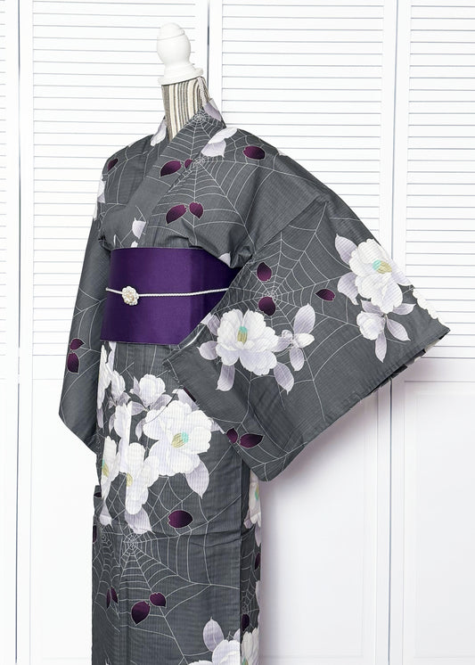 Japanese Traditional Yukata Kimono - Camellias and Spider Webs in Gray