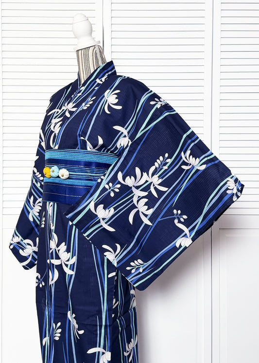 Japanese Traditional Women's Yukata Kimono - Spring Orchid in Indigo