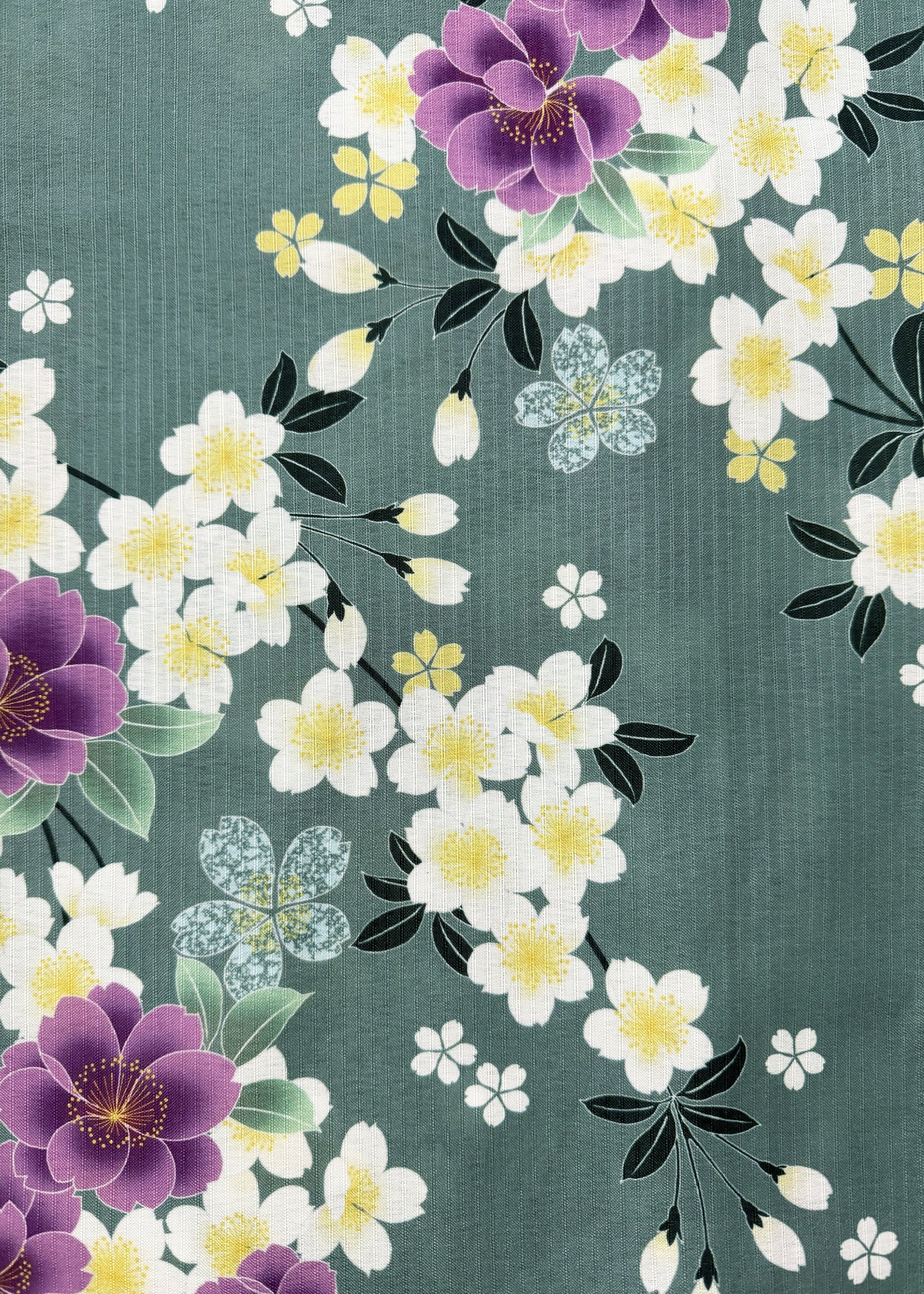 Floral pattern with purple and white flowers on a teal background