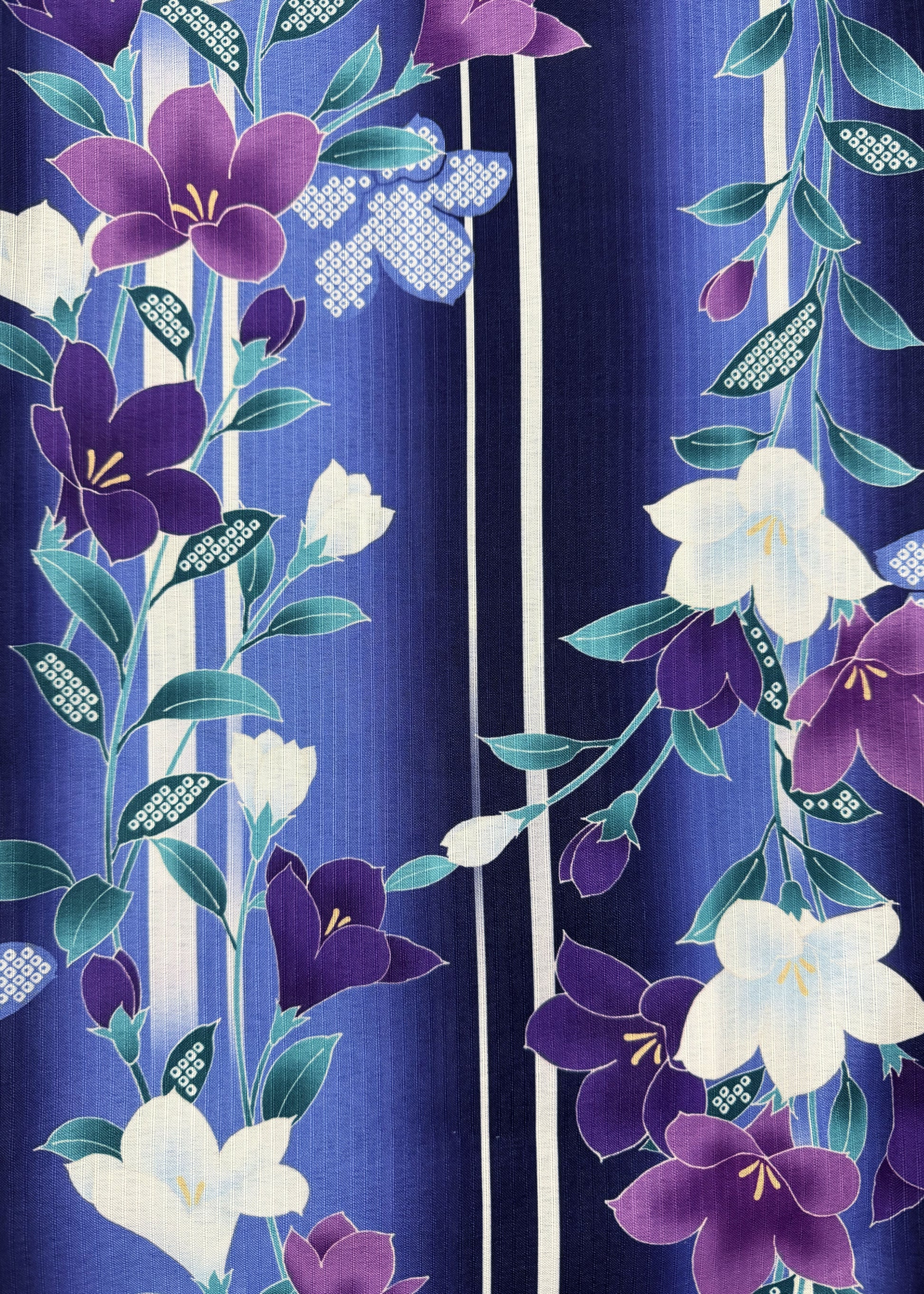 Floral pattern with purple and white flowers on a blue background