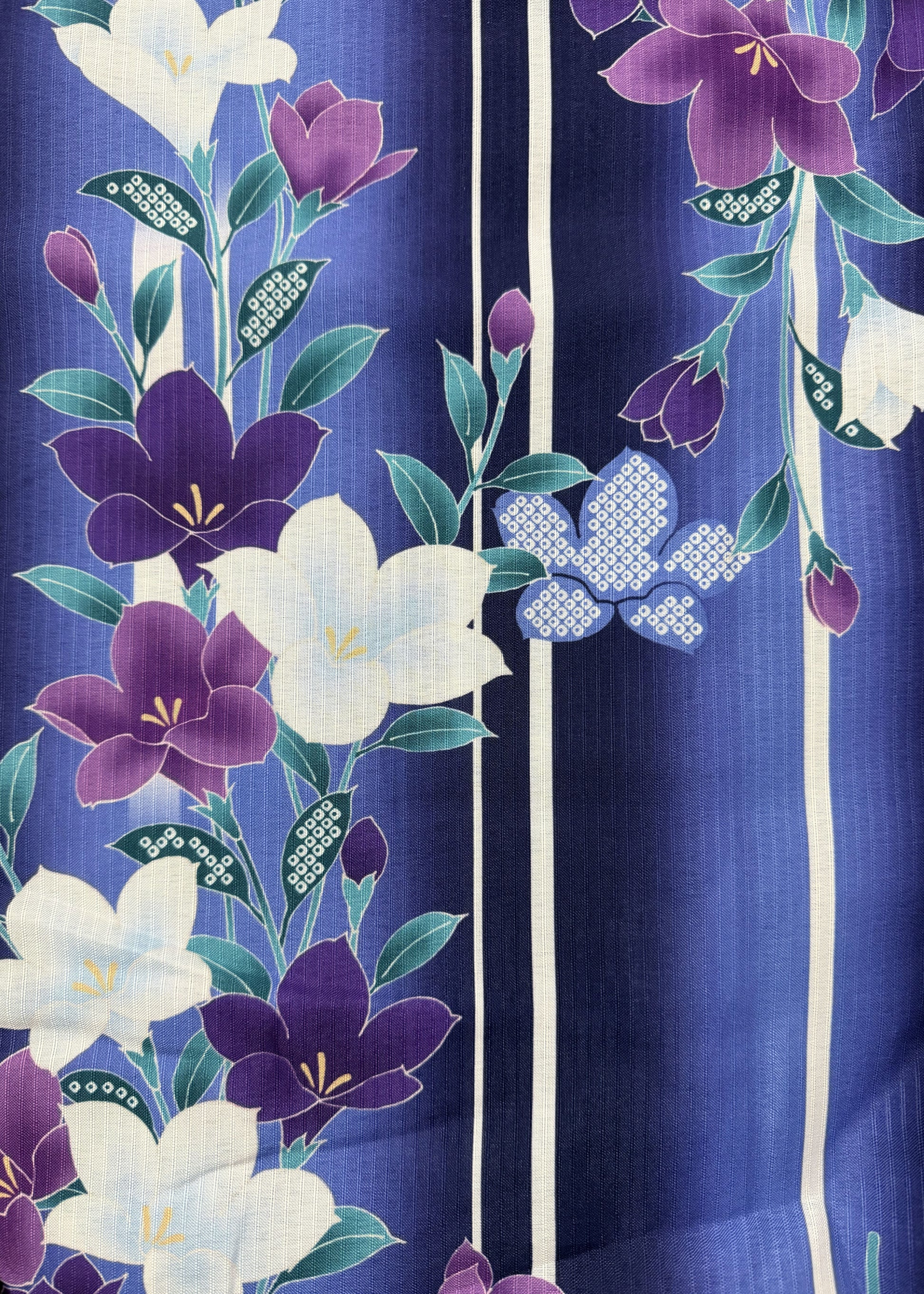 Floral pattern with purple and white flowers on a blue background