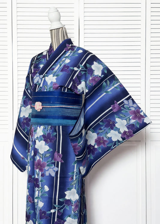 Japanese Traditional Women's Yukata Kimono - Purple Bellflower in Blue