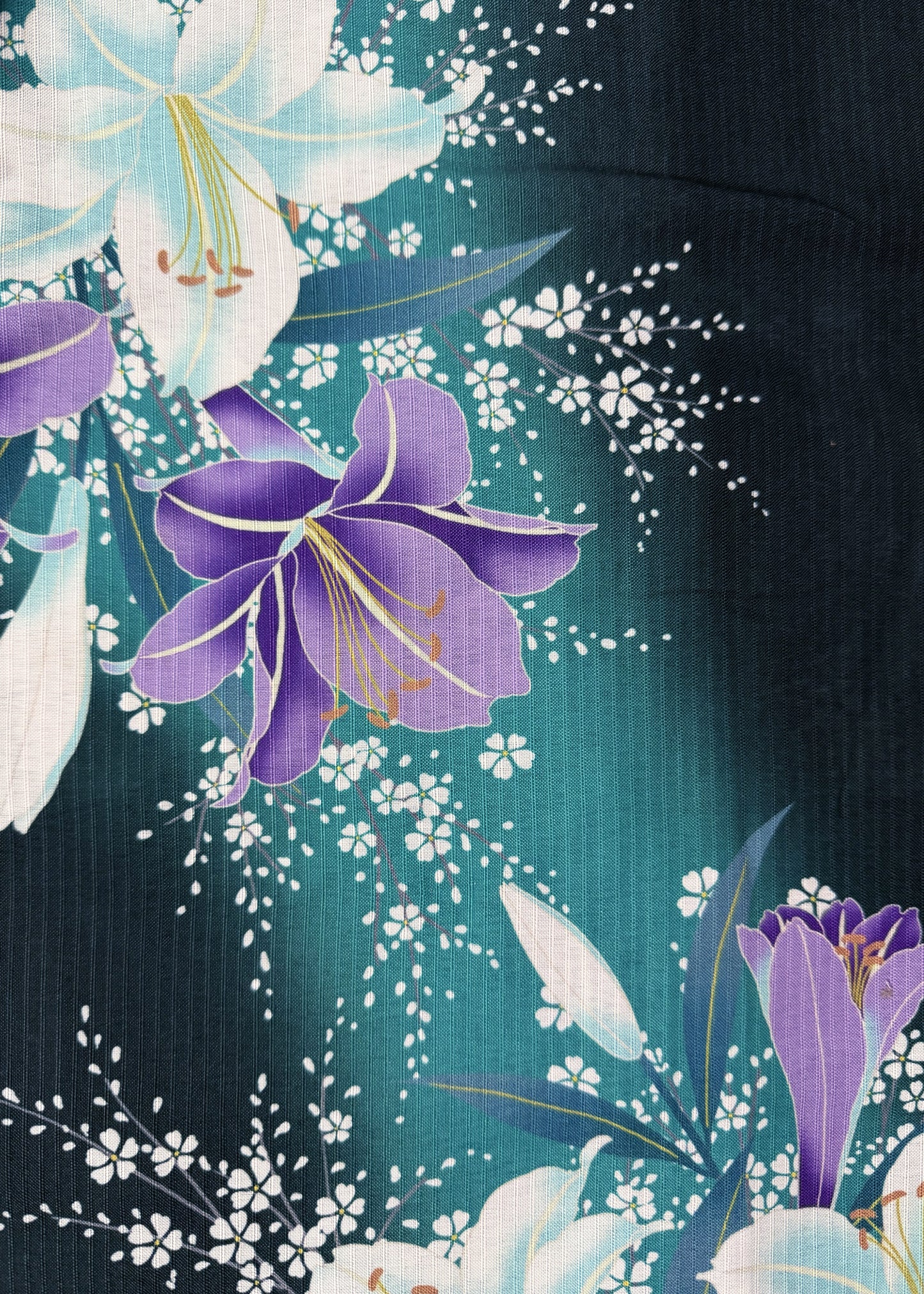 Close-up of a floral pattern with purple and white flowers on a dark background