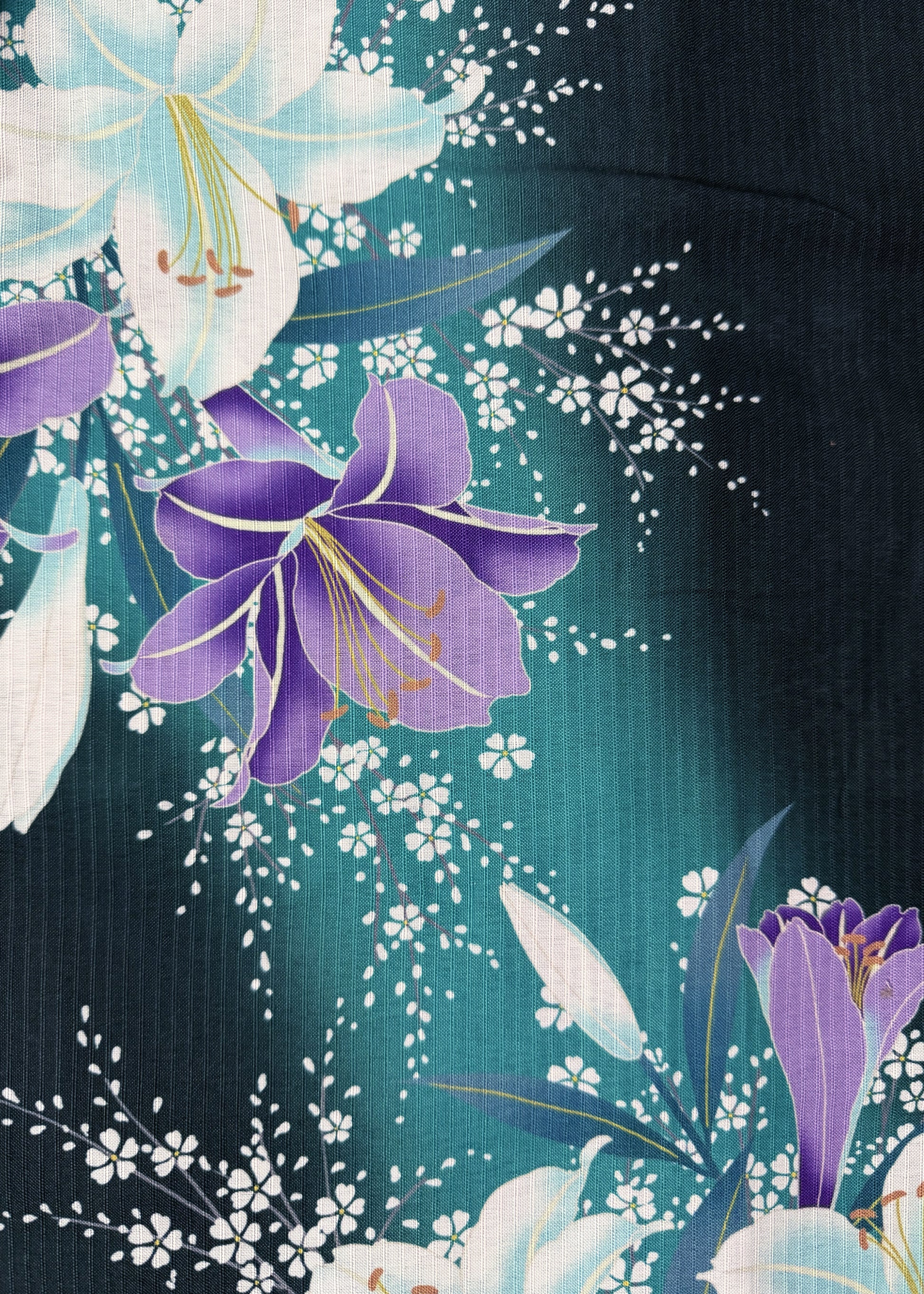 Close-up of a floral pattern with purple and white flowers on a dark background