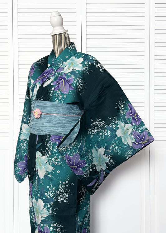 Traditional Japanese Women's Yukata Kimono - Purple Lilies in Green