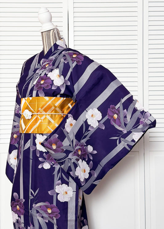 Traditional Japanese Women's Yukata Kimono - Camellia Bamboo in Purple