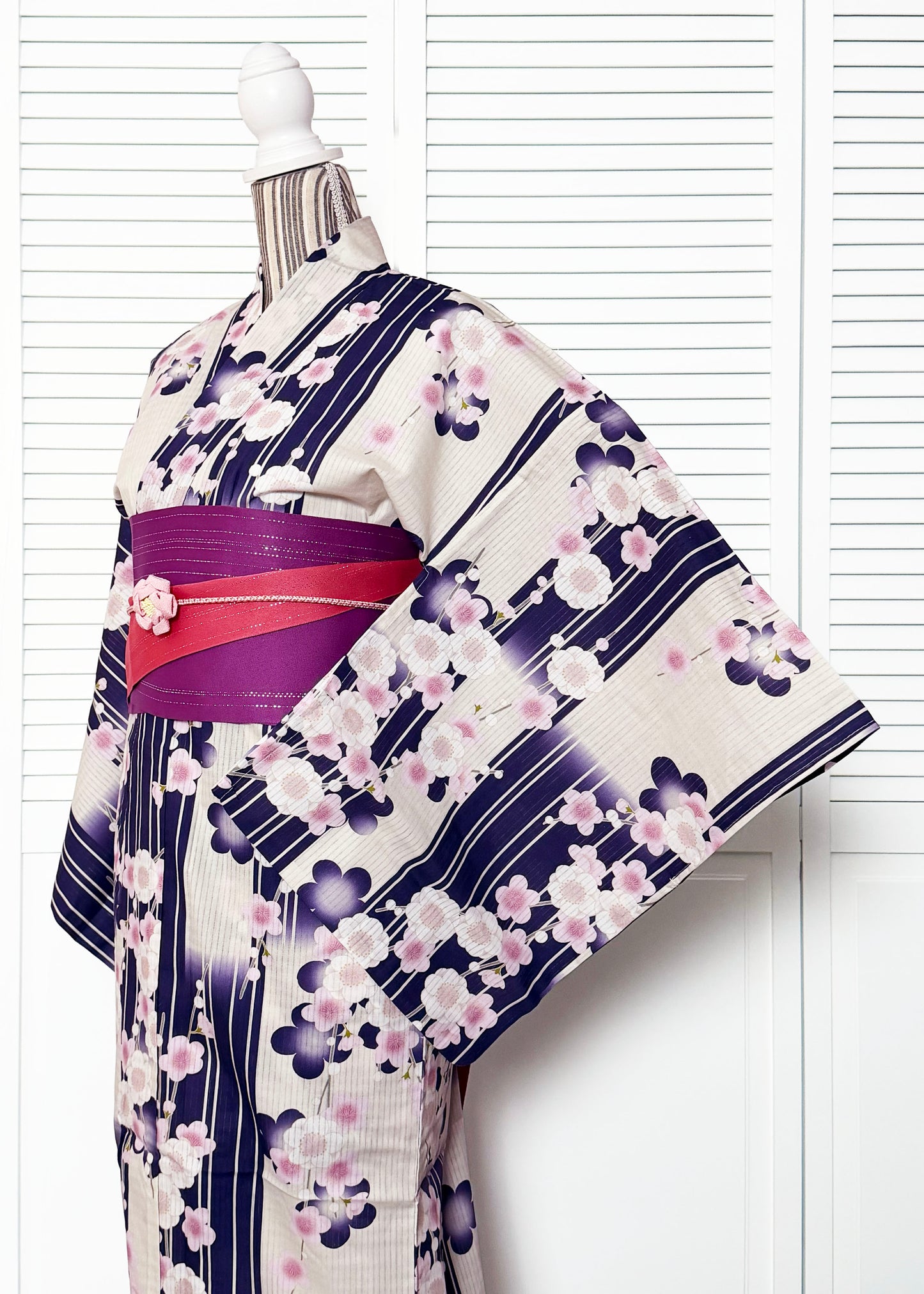 Japanese Women's Yukata Kimono - Pink Plum Blossom in Purple Off White