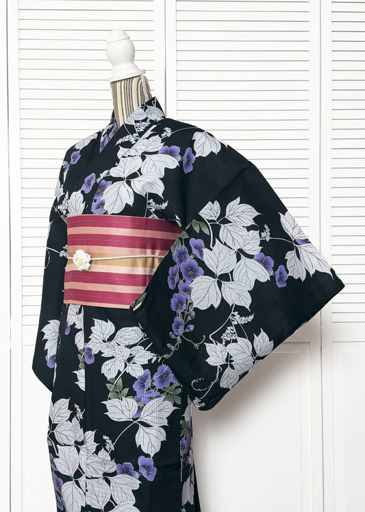 Japanese Women's Summer Yukata Kimono - Purple Kudzu in Black