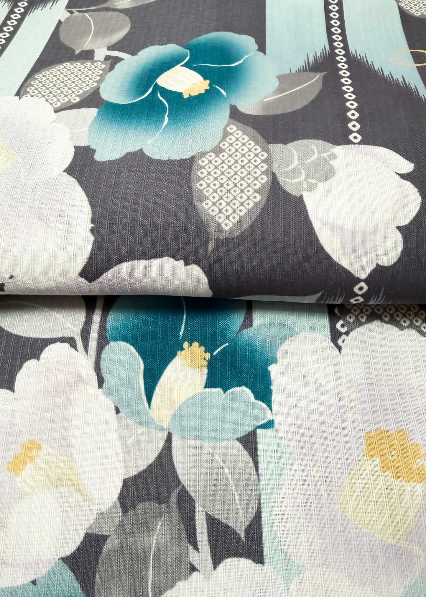 Traditional Japanese Summer Yukata Kimono - Green Camellia in Gray