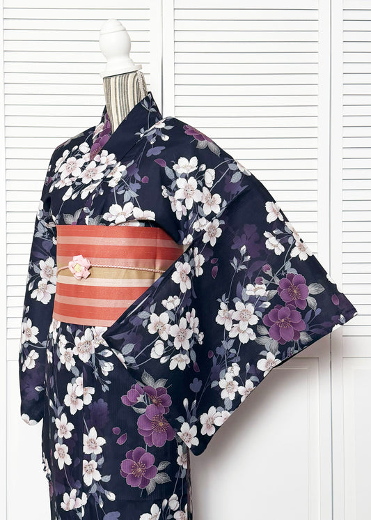Japanese Traditional Summer Yukata Kimono - Sakura Flowers in Indigo