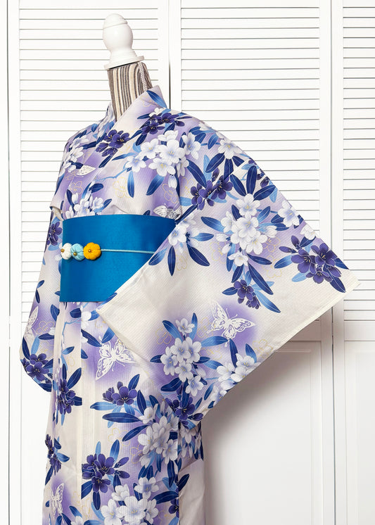 Traditional Japanese Summer Yukata Kimono - Azaleas in Purple White