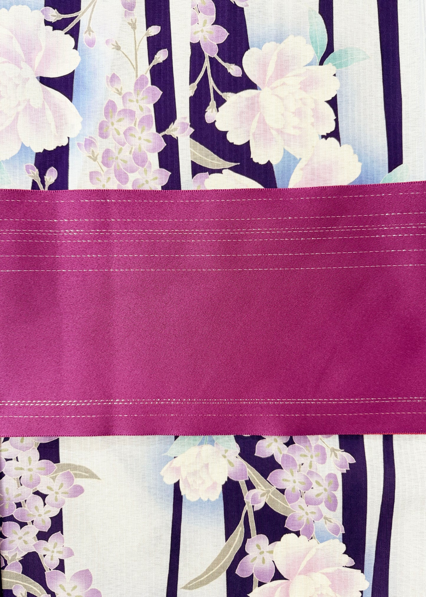 Yukata Kimono - Purple Peony and Wisteria in Blue Stripes (Style #2695)