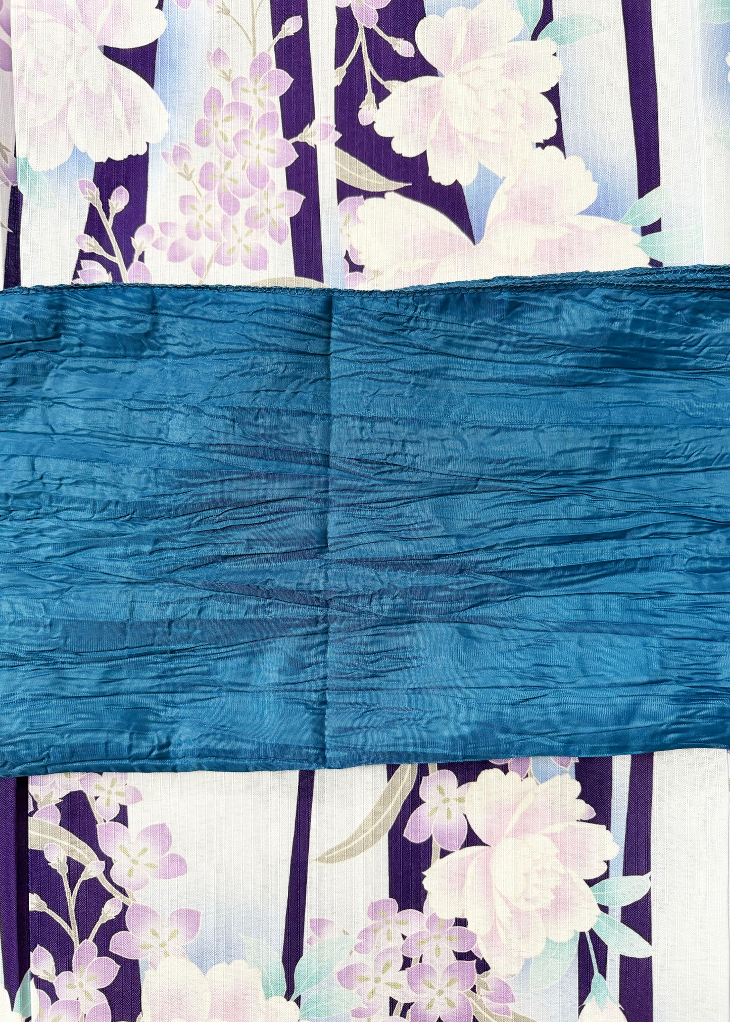 Yukata Kimono - Purple Peony and Wisteria in Blue Stripes (Style #2695)