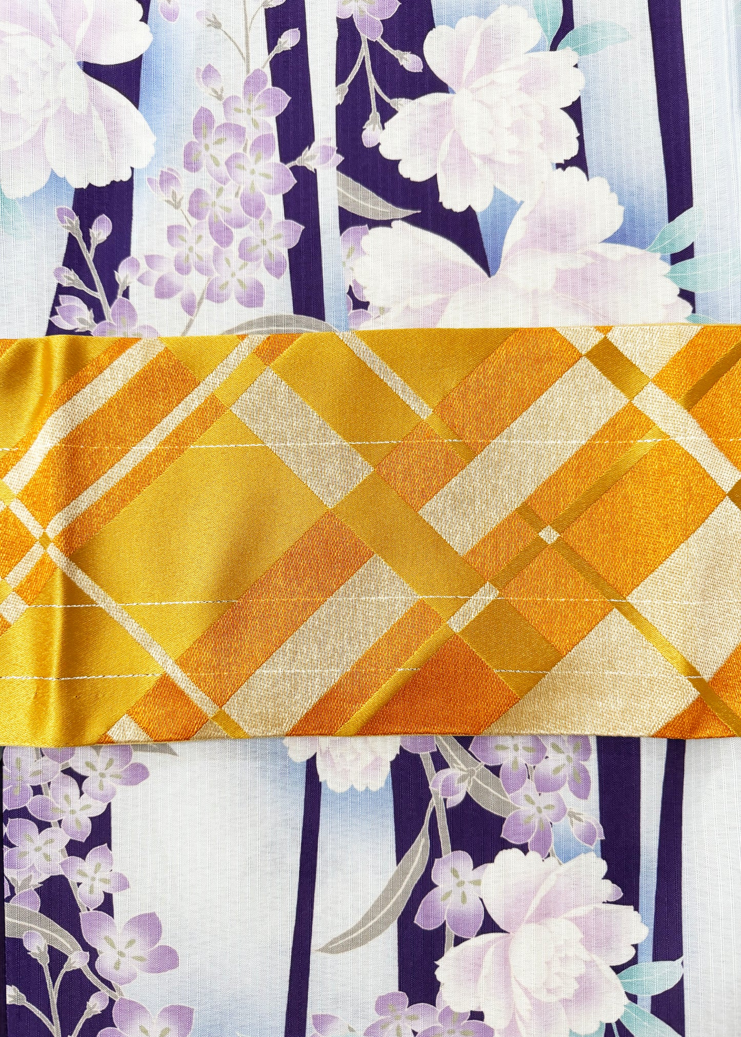 Yukata Kimono - Purple Peony and Wisteria in Blue Stripes (Style #2695)
